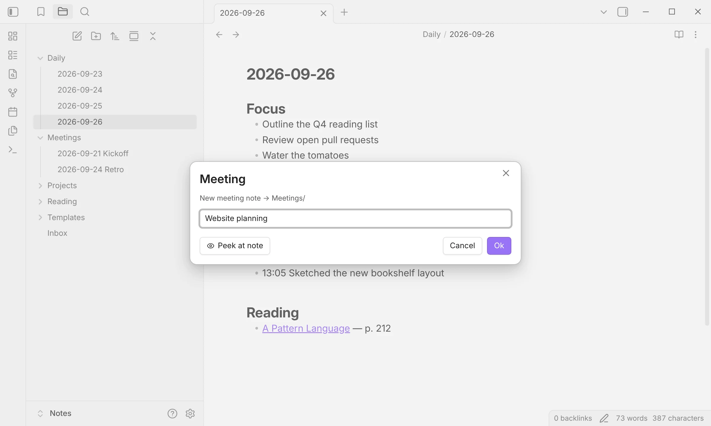 QuickAdd's input prompt titled Meeting, showing New meeting note going to Meetings/ and the answer Website planning.